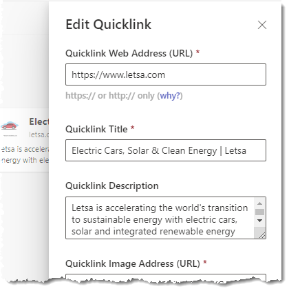 Edit Quicklink Panel